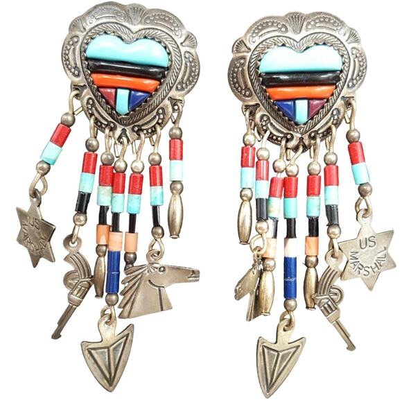 Vintage - Native American- Inlaid & Signed QT Sterling Silver Earrings 925 - Picture 2 of 8